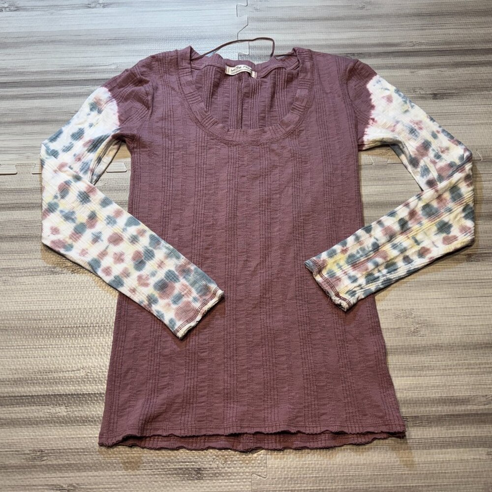 We The Free Mauve Long Sleeve Tee with Patterned Sleeves